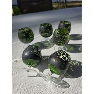 VTG Green Silver Overlay Cordial Liqueuer‎ Glasses Set of 6 Stemware 3" Floral